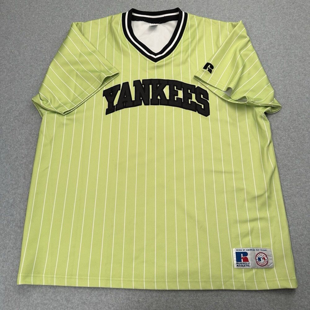 Vintage New York Yankees Russell Athletic Pinstripe Jersey Men's 2XL Lime Green